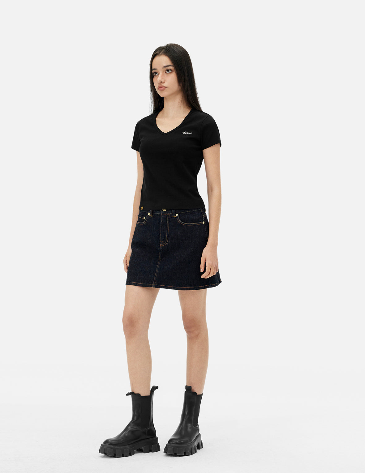 Seagull Embroidery Regular Fit Denim Skirt
