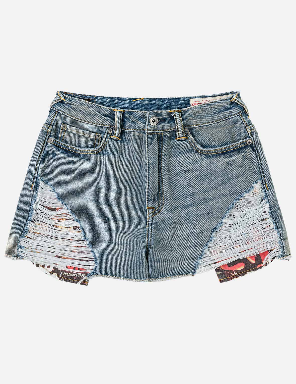 Distressed Denim Shorts with Printed Pocket Lining