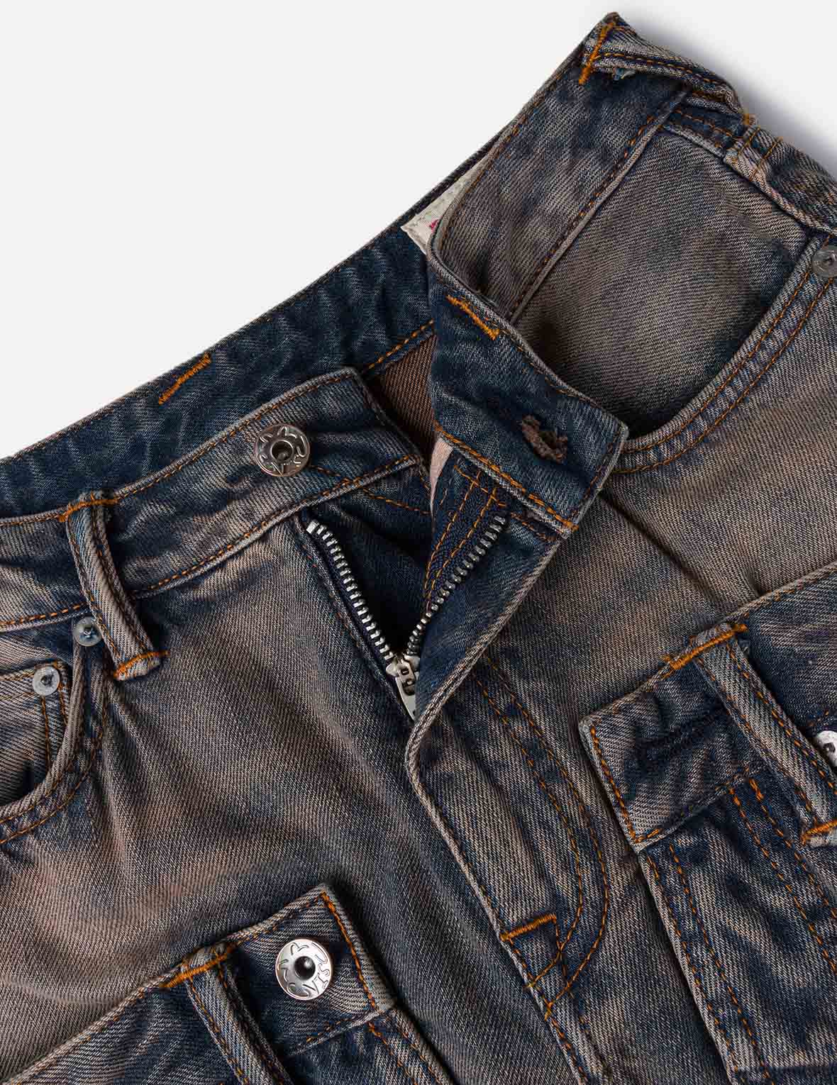 双层腰头做旧牛仔裤