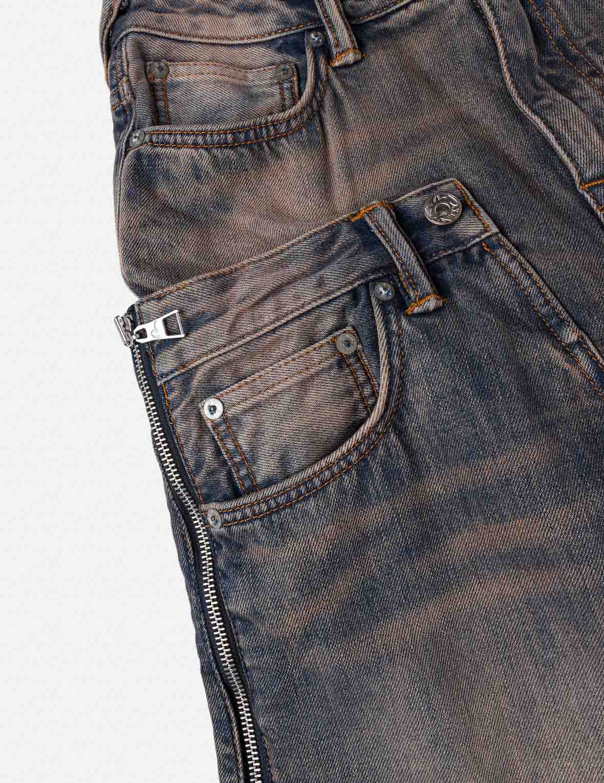 双层腰头做旧牛仔裤