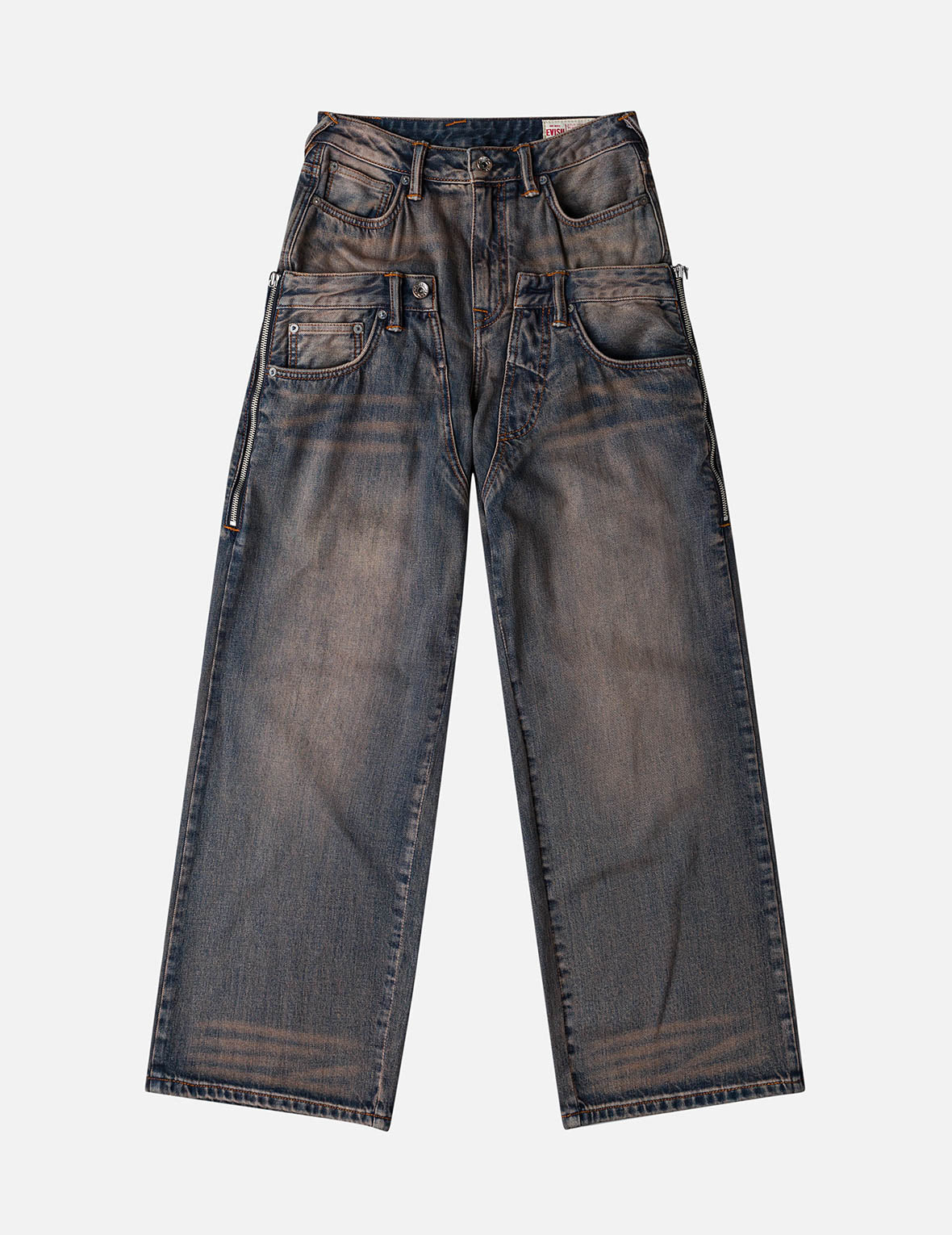 双层腰头做旧牛仔裤
