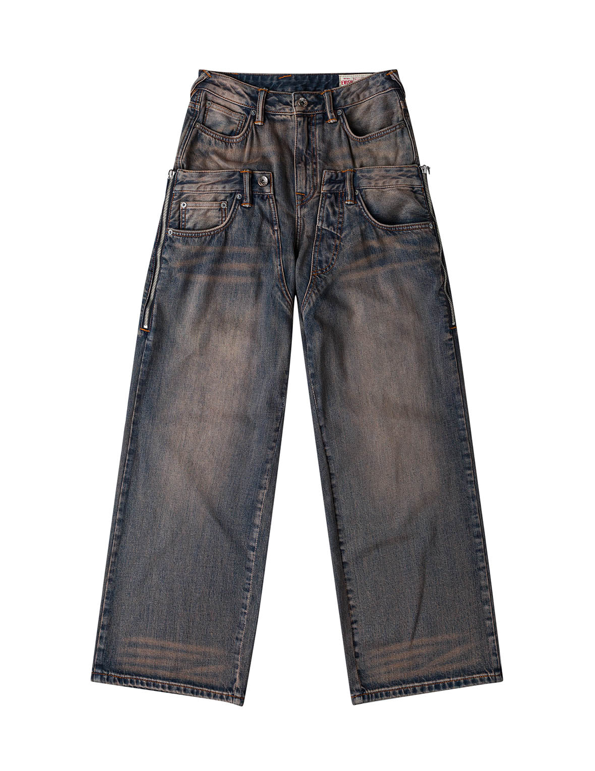 双层腰头做旧牛仔裤