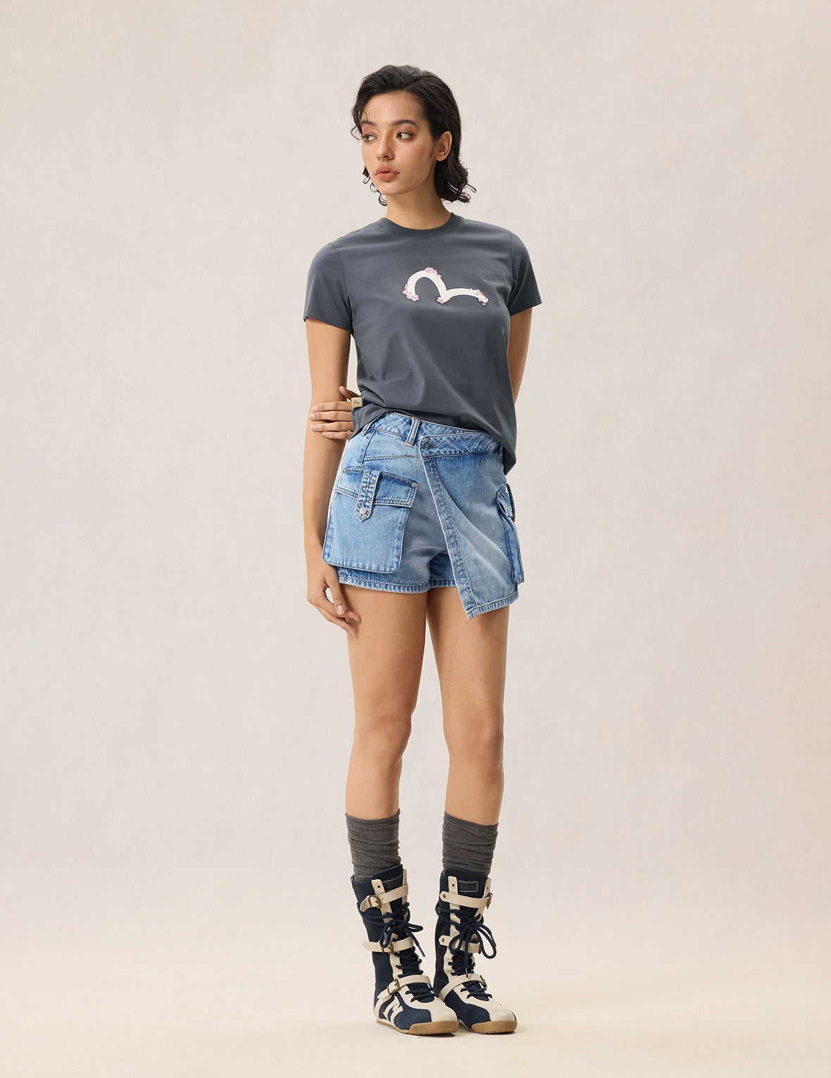 Sashiko Seagull with Rhinestones Cargo Denim Skort
