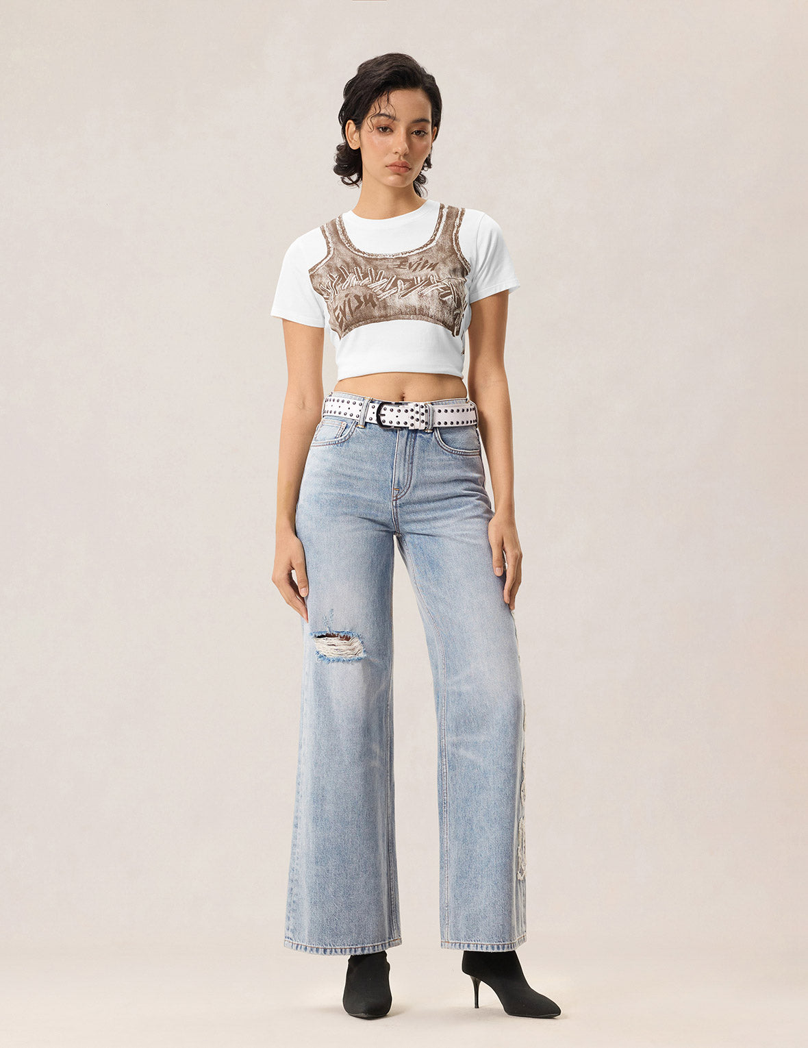 Fake Denim Lace-up Vest Print T-shirt