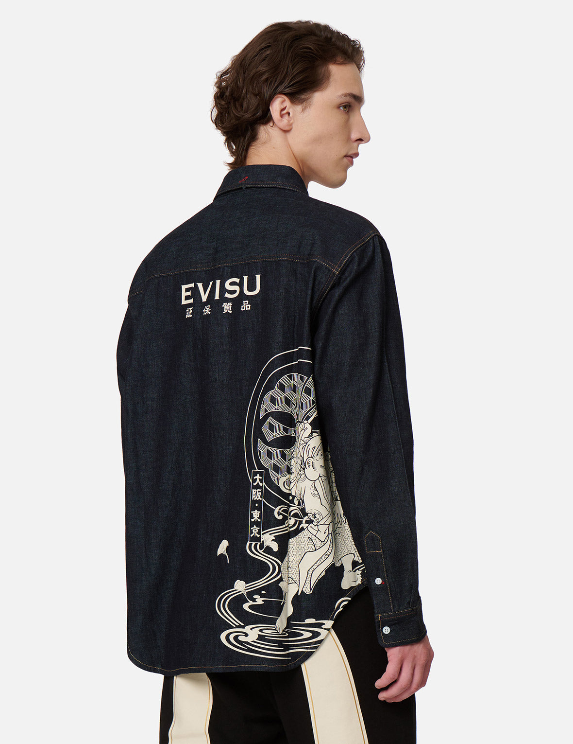 “The Fisherman God of Fortune” Print Denim Shirt