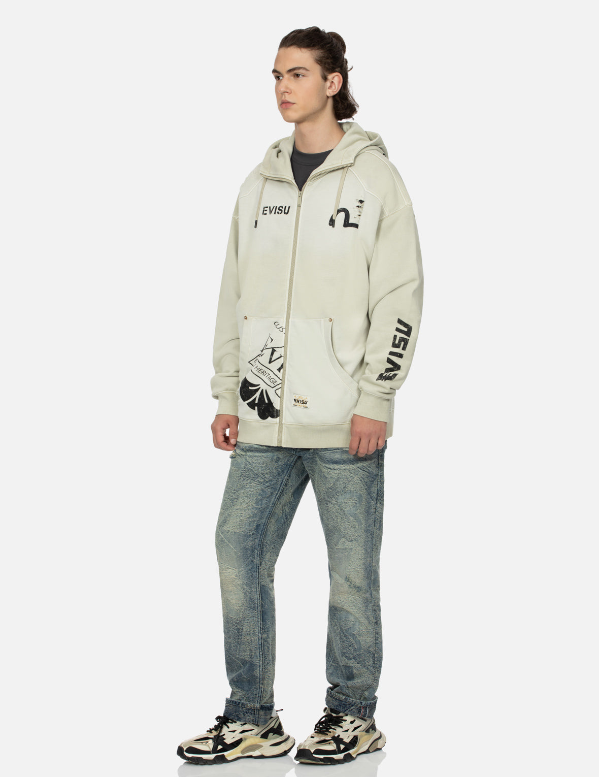 ジャケット・アウター 191 EVISU Kanji Print Full Zip Hoodie Multi Logos Print Loose Fit Washed Zip-Up Hoodie – EVISU