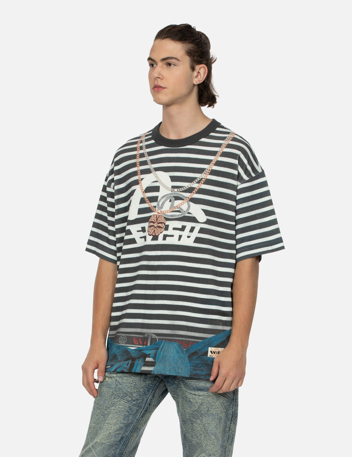 Trompe-l'oeil and Seagull Print Loose Fit Stripe T-Shirt