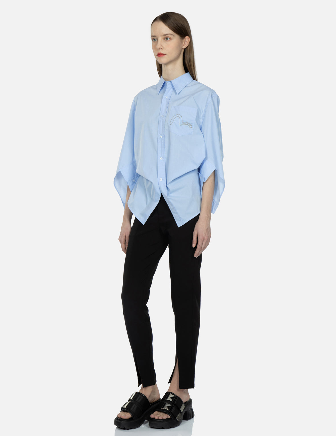 Seagull Embroidery Notched-sleeves Shirt