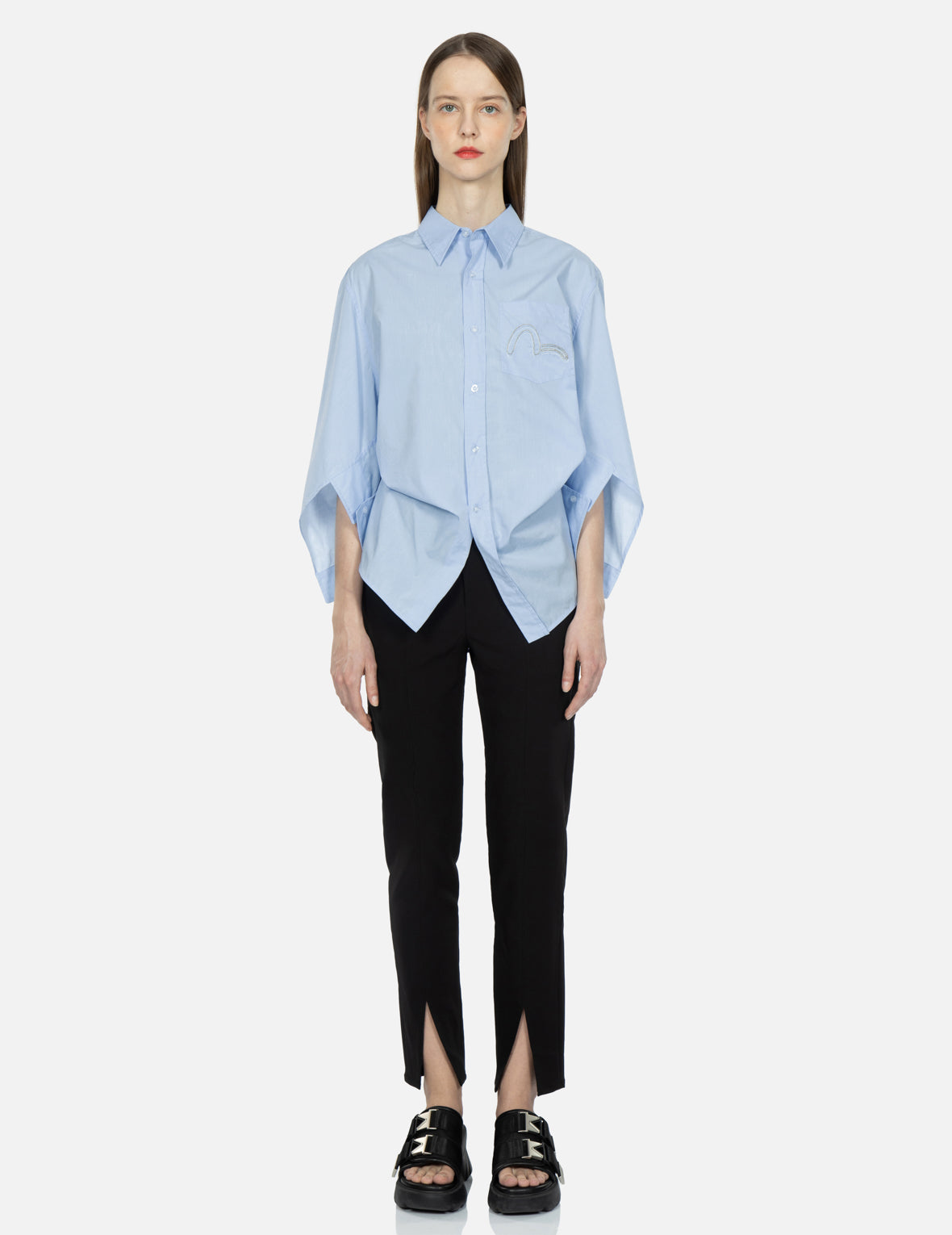 Seagull Embroidery Notched-sleeves Shirt