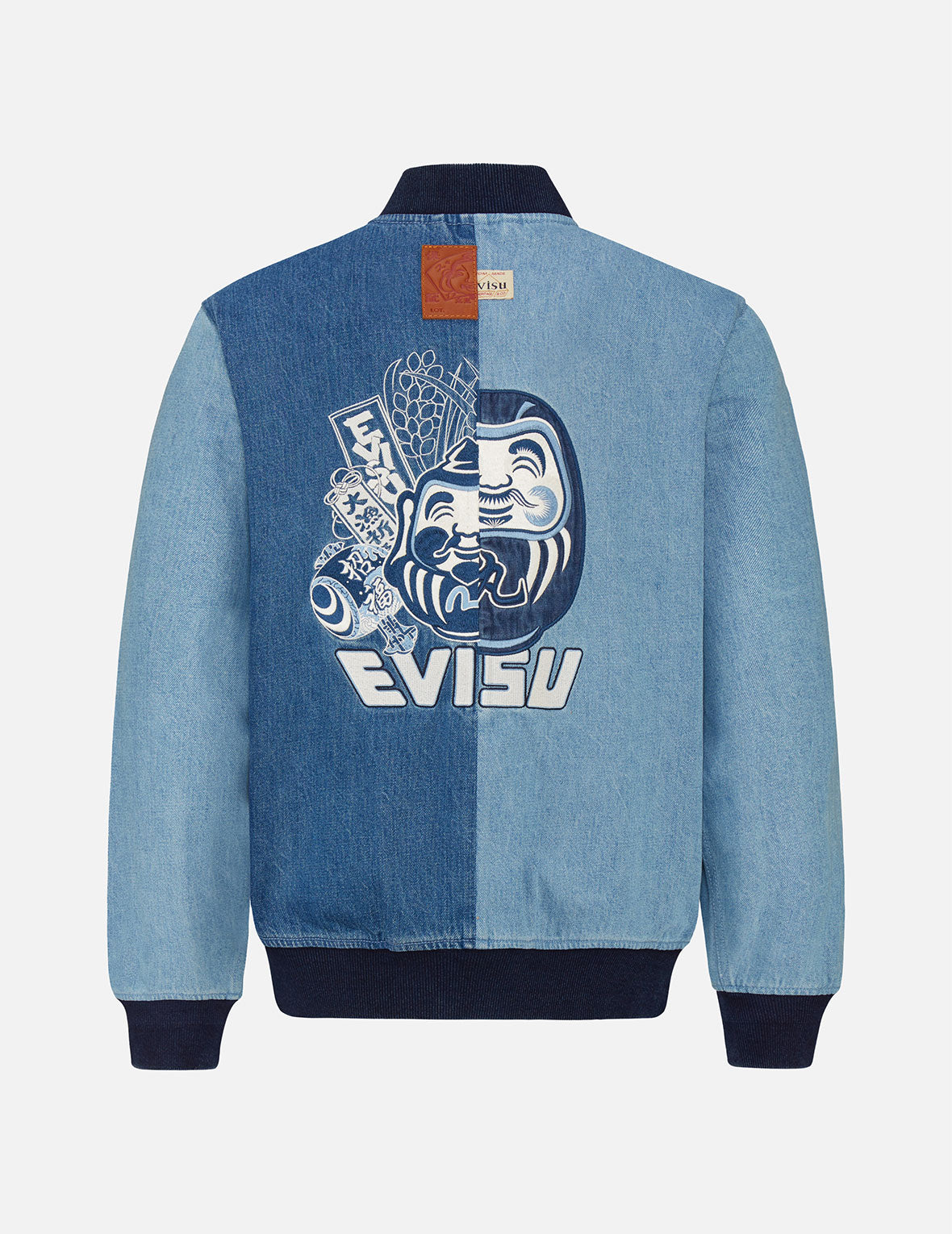 Double-face Daruma Appliqué Two-tone Denim Bomber Jacket