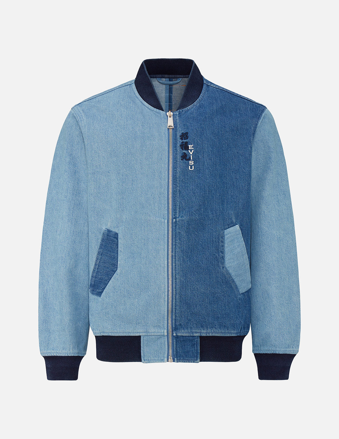 Double-face Daruma Appliqué Two-tone Denim Bomber Jacket