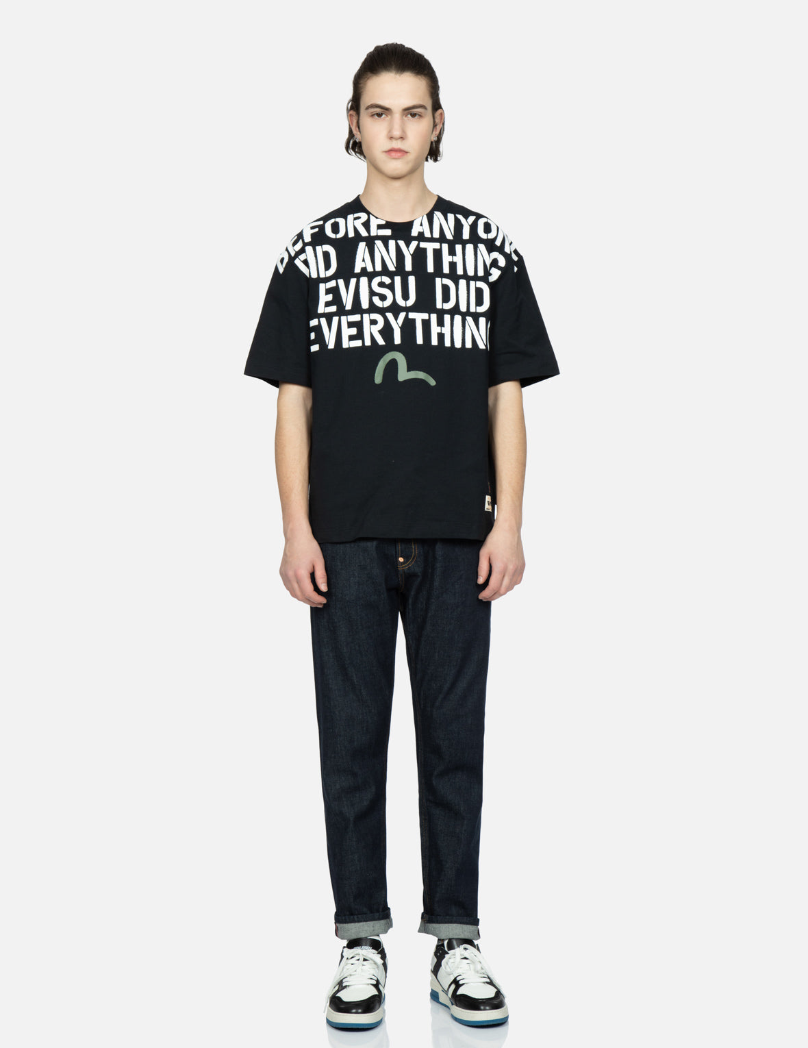Stencil Slogan and Layered Daicock Print Carrot-Fit Jeans #2017