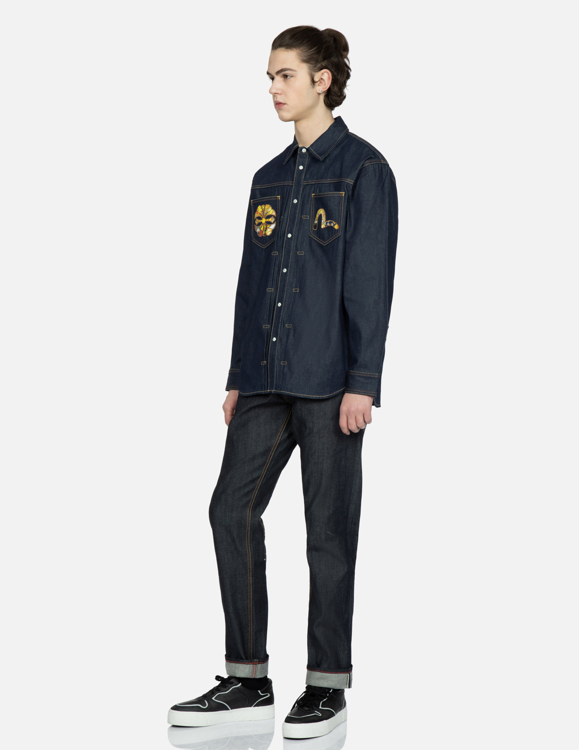 Samurai-pattern Kamon and Seagull Denim Shirt