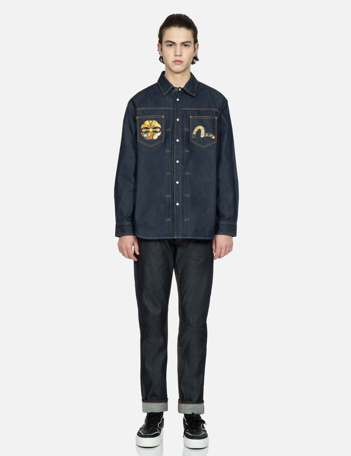 Samurai-pattern Kamon and Seagull Denim Shirt