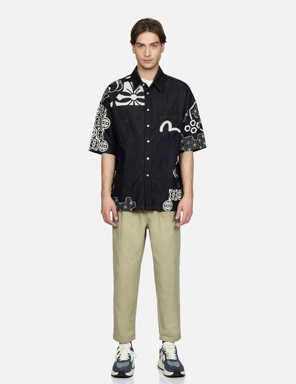 Kamon and Seagull Print Denim Shirt