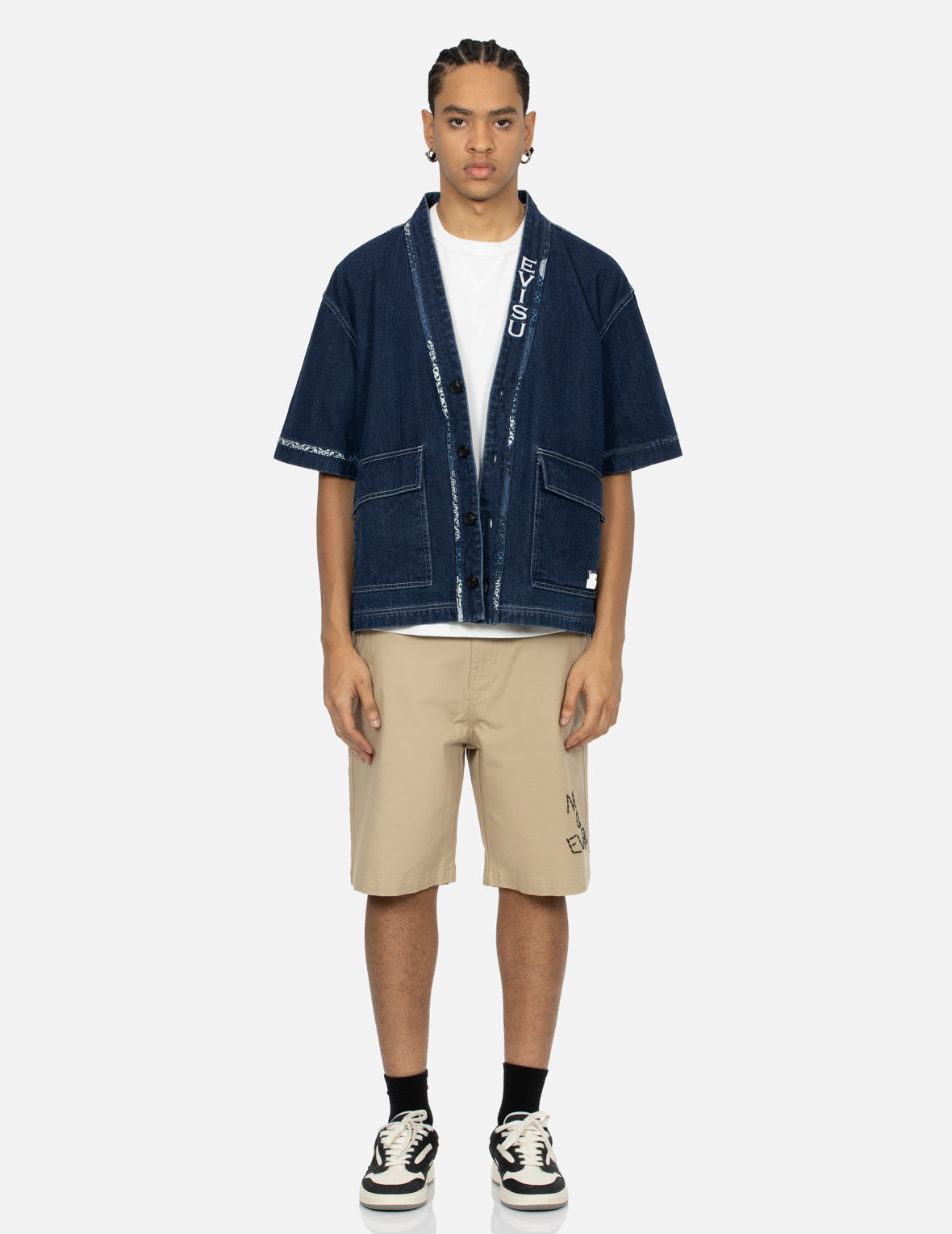 家花贴布刺绣宽版牛仔和服外套