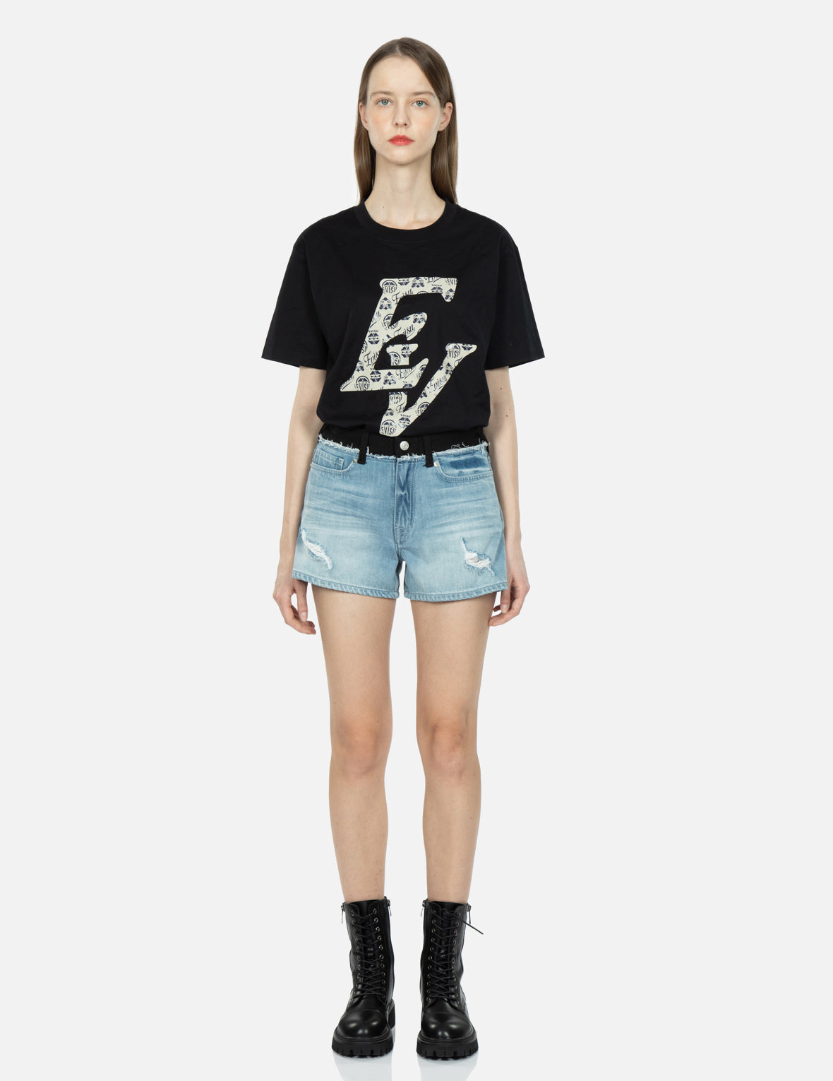 Seagull and Logo Embroidery Reconstructed Denim Shorts
