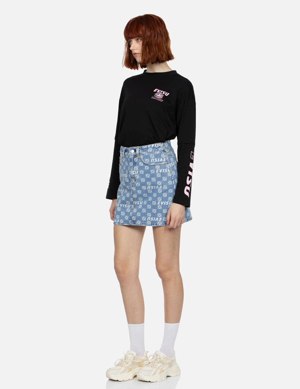Allover Logo and Kamon print Relax Fit Denim Skirt