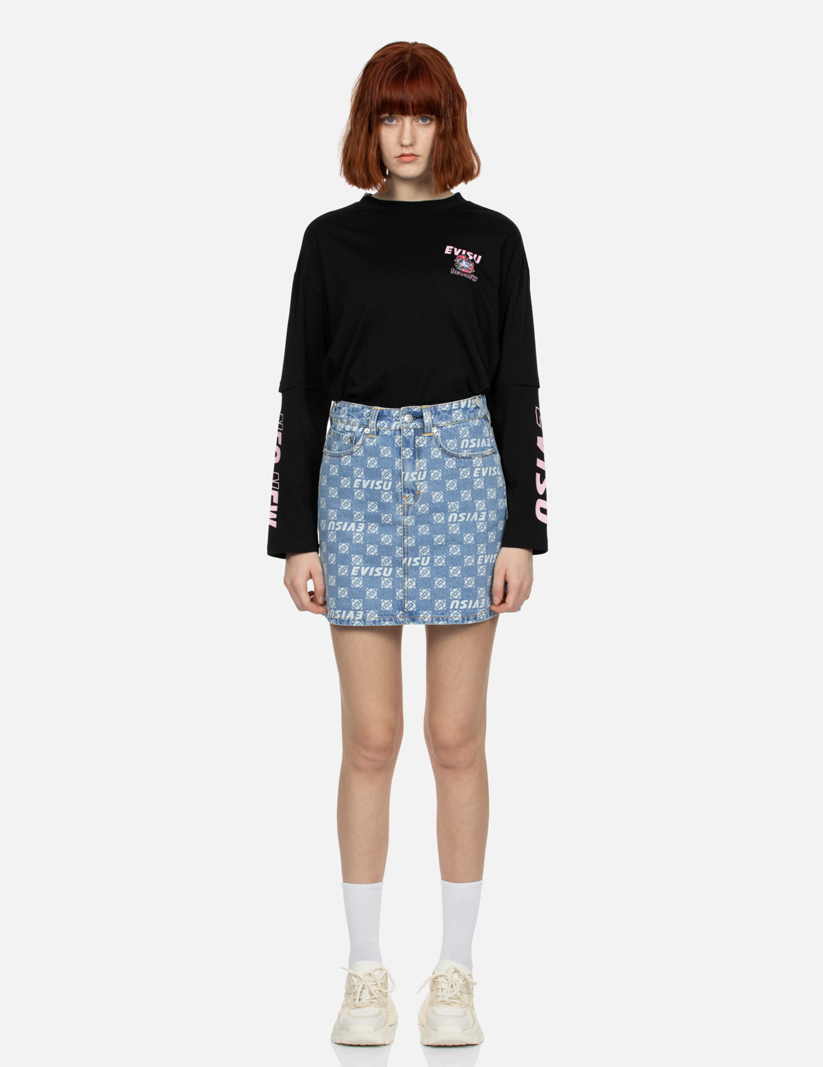 Allover Logo and Kamon print Relax Fit Denim Skirt