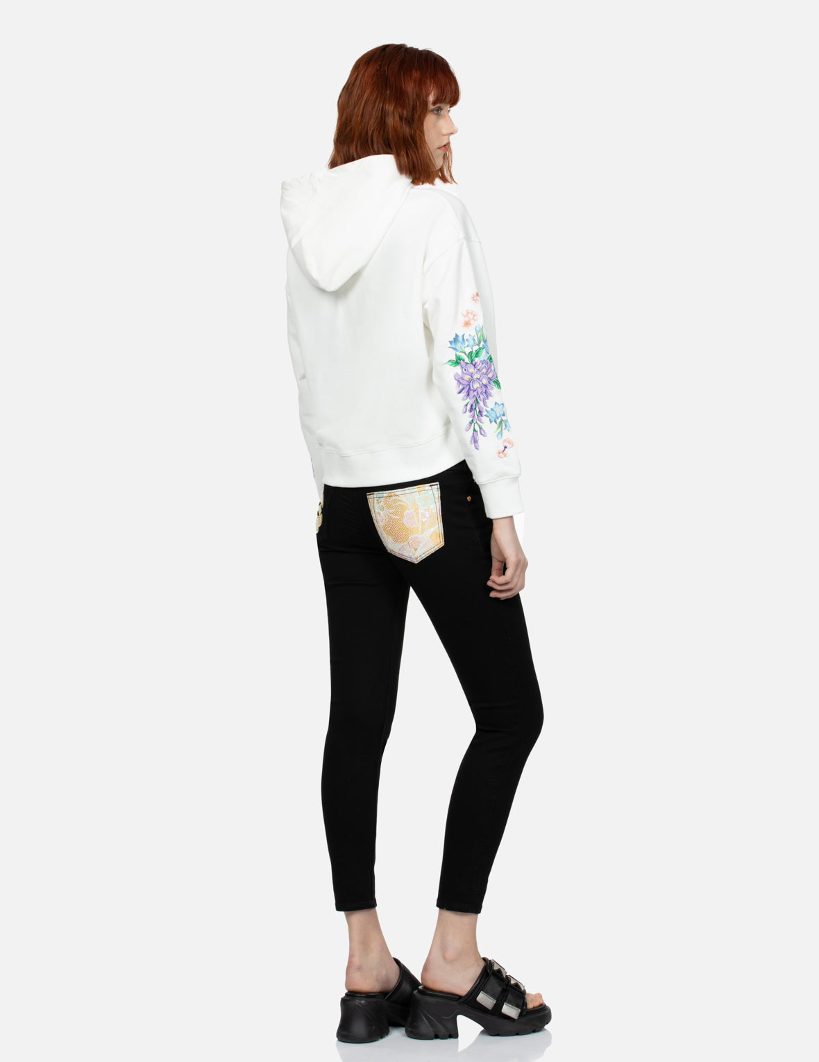 3D Seagull Print and Floral Embroidery Cropped Hoodie