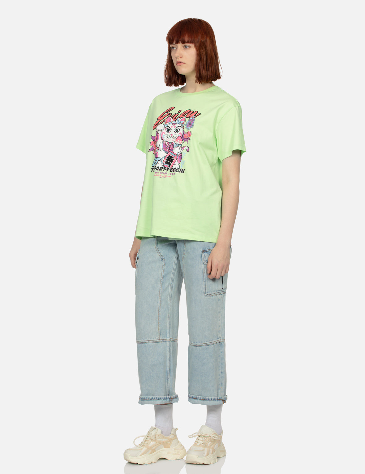 Fortune Cat and Floral Print Boyfriend T-shirt