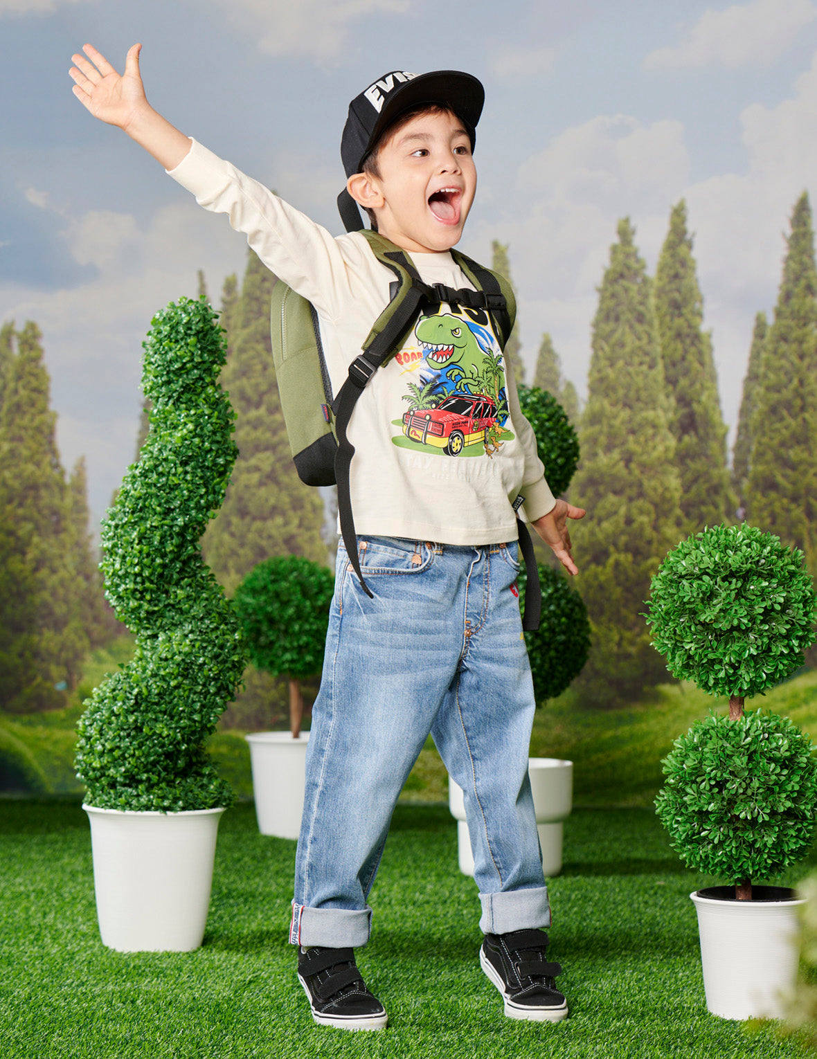 Dinosaur Bear and Seagull Print Regular Fit Jeans
